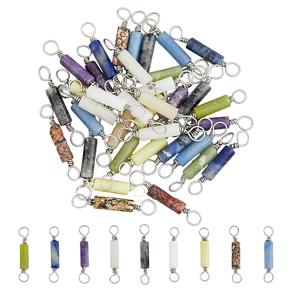 

PandaHall 36Pcs 9 Styles Natural Mixed Gemstone Connector Charms, Silver Plated Brass Wire Wrapped Column Links, 28~31x13~14mm, Hole: 4mm, 9...