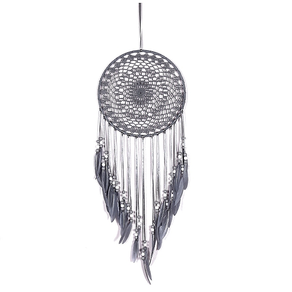 

PandaHall Woven Web/Net with Feather Wall Hanging Decorations, with Iron Ring and Wood Bead, for Home Bedroom Decorations, Gray, 680x200mm...