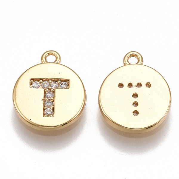 

PandaHall Brass Cubic Zirconia Charms, Flat Round with Letter, Nickel Free, Real 18K Gold Plated, Clear, Letter.T, 12x10x2mm, Hole: 1mm...
