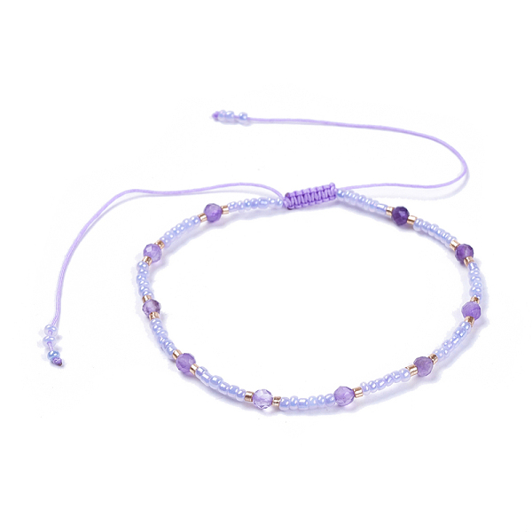 

PandaHall Adjustable Nylon Thread Braided Beaded Bracelets, with Glass Seed Beads and Faceted Natural Amethyst Round Beads, 2-1/8 inch..., Purple