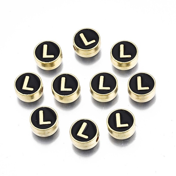 

PandaHall Alloy Enamel Beads, Cadmium Free & Lead Free, Light Gold, Flat Round with Alphabet, Black, Letter.L, 8x4mm, Hole: 1.5mm...