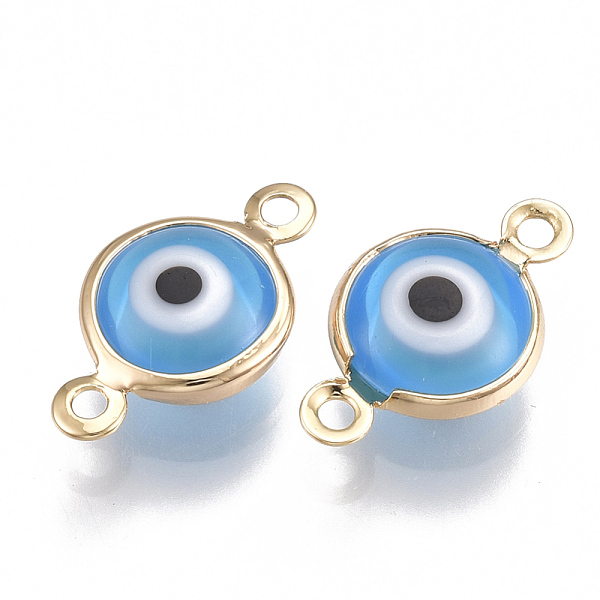 

PandaHall Brass Links connectors, with Enamel, Flat Round with Evil Eye, Nickel Free, Real 18K Gold Plated, Sky Blue, 15x9x5.5mm, Hole: 1mm...