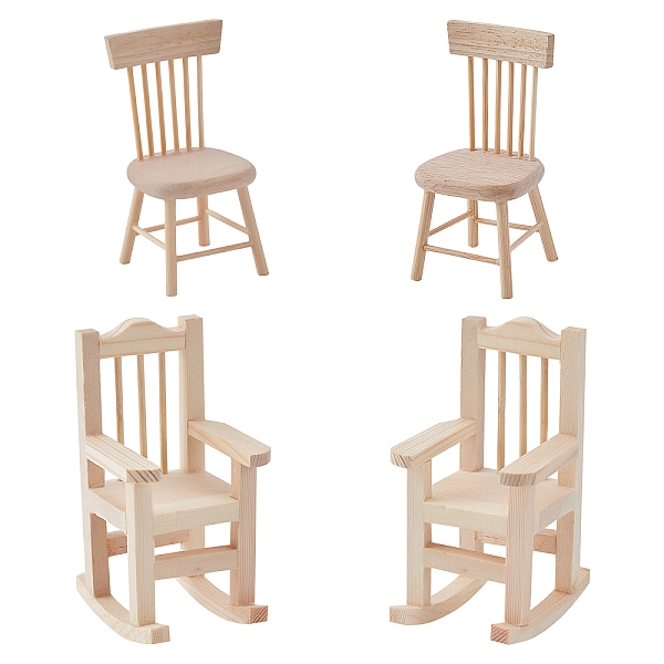 

PandaHall 4Pcs 2 Style Natural Pine Wood Home Decorations, Chair, BurlyWood, 35~70x40~58x82~108mm, 2pcs/style Wood Others Orange