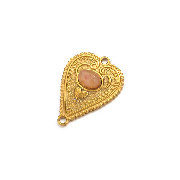 Stainless Steel Pave Dyed Sandy Brown Natural Agate Peach Heart Connector Charms