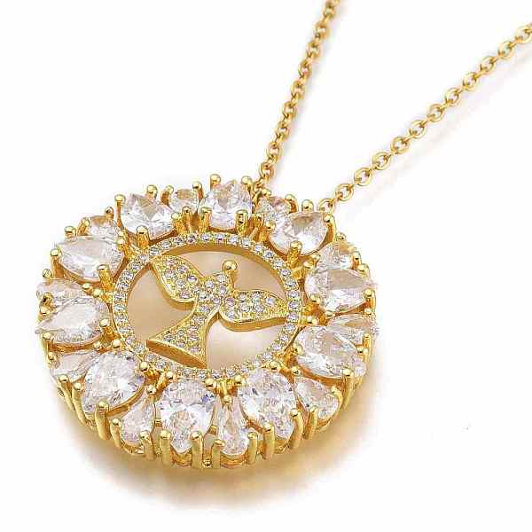 

PandaHall Brass Micro Pave Clear Cubic Zirconia Flat Round with Bird Pendant Necklaces, with 304 Stainless Steel Cable Chains, Golden, 15.94...