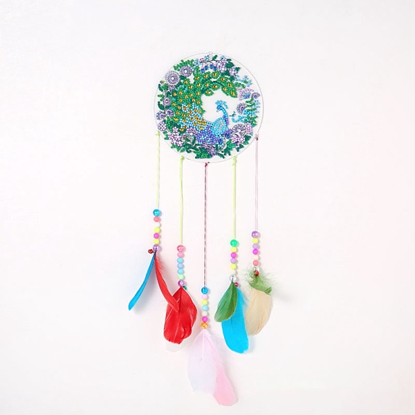 PandaHall DIY Diamond Painting Hanging Woven Net/Web with Feather Pendant Kits, Including Acrylic Plate, Pen, Tray, Bells and Random Color...