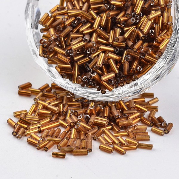 

PandaHall Tube Silver Lined Round Hole Glass Bugle Beads, Peru, 3~5x1.8~2mm, Hole: 0.8mm, about 1200pcs/50g Glass Brown