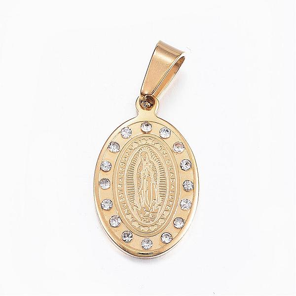 

PandaHall 304 Stainless Steel Rhinestone Pendants, Flat Oval with Virgin Mary, Golden, 21x13x2mm, Hole: 7x4mm Stainless Steel+Rhinestone..., Clear