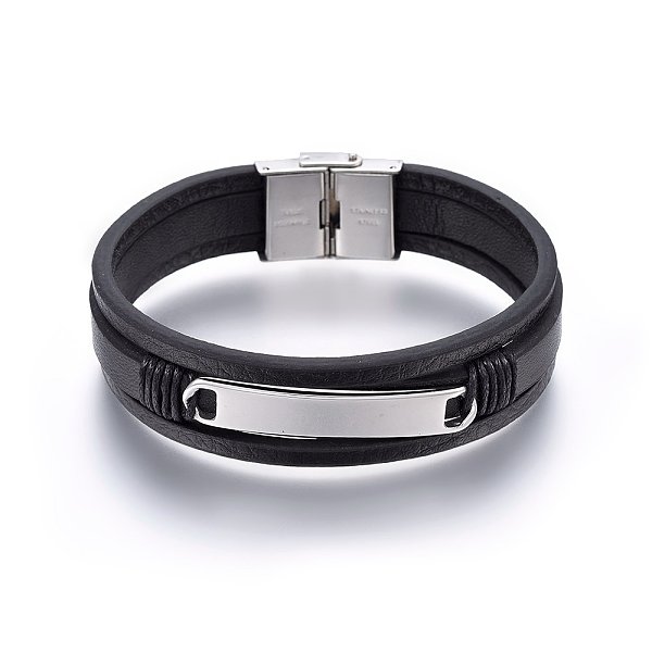 

PandaHall Leather Cord Multi-strand Bracelets, with 201 Stainless Steel Clasp, Rectangle, Stainless Steel Color, 8-1/4 inch(21cm)..., Black