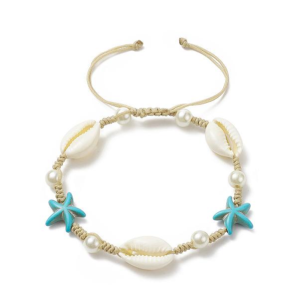 

PandaHall Synthetic Turquoise(Dyed) Starfish & Natural Shell & Glass Pearl Braided Bead Bracelet, Adjustable Ocean Theme Bracelet for Women..., White
