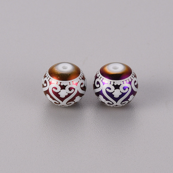 

PandaHall Electroplate Glass Beads, Round with Patten, Purple Plated, 10mm, Hole: 1.2mm Glass Others