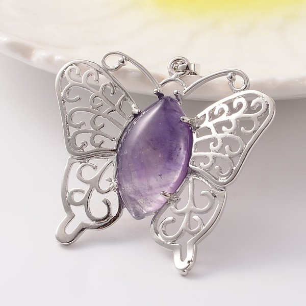 

PandaHall Butterfly Platinum Tone Brass Natural Amethyst Pendants, 43x45x7mm, Hole: 9x5mm Amethyst Butterfly