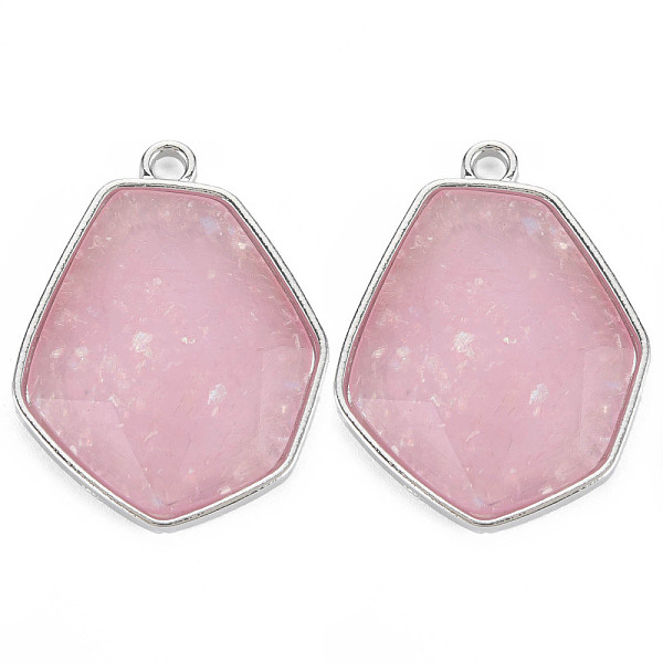 

PandaHall Faceted Glass Pendants, with Alloy Settings, Cadmium Free & Lead Free, Hexagon, Platinum Plated, Pink, 38x29x6.5mm, Hole: 3mm...