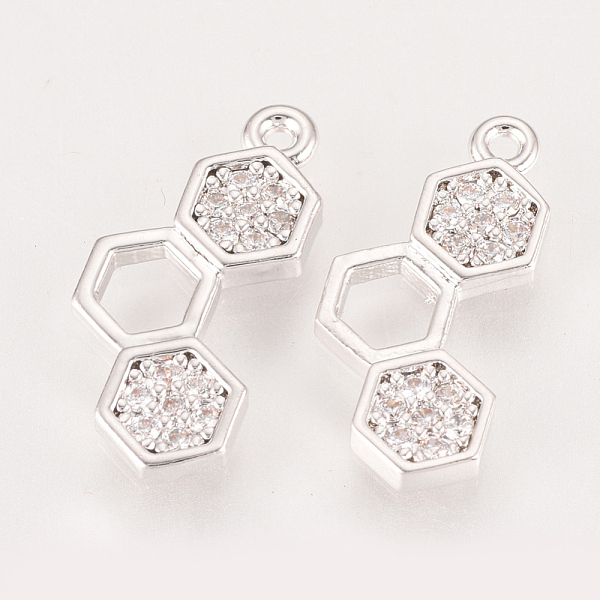 

PandaHall Brass Cubic Zirconia Pendants, Real Platinum Plated, Hexagon, 17x8x2mm, Hole: 1mm Brass+Cubic Zirconia Hexagon Clear