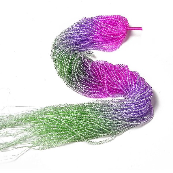 

PandaHall Transparent Gradient Color Glass Beads Strands, Faceted Round, Magenta & Lime Green & Mauve, 3x2.8mm, Hole: 0.9mm, about..., Pink
