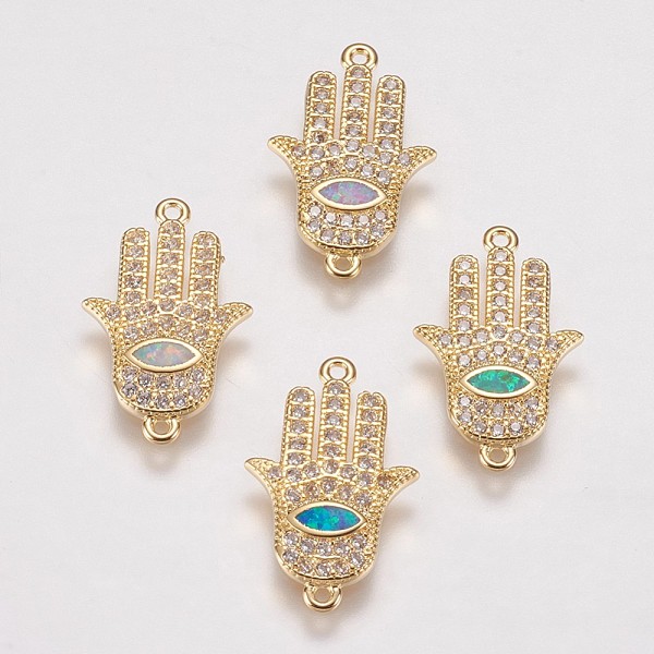 

PandaHall Brass Micro Pave Cubic Zirconia Links, with Synthetic Opal, Hamsa Hand/Hand of Fatima/Hand of Miriam with Horse Eye, Golden, Mixed..., Multicolor