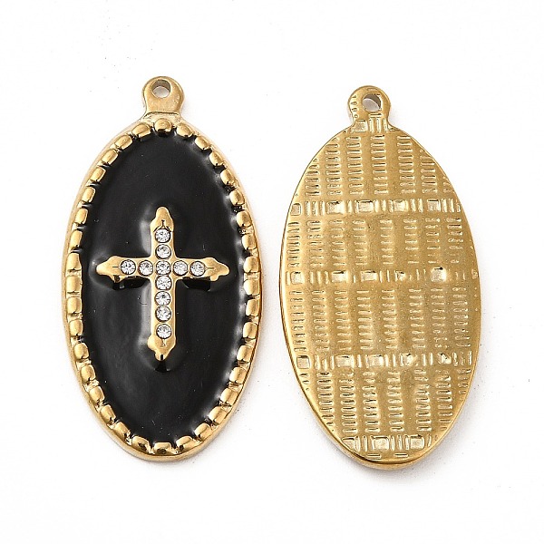 

PandaHall Vacuum Plating 201 Stainless Steel Enamel Pendants, with Rhinestones, Real 18K Gold Plated, Oval with Cross Charm, Black...