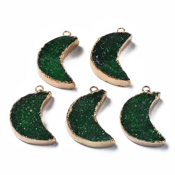 

PandaHall Natural Druzy Agate Pendants, Dyed, with Golden Plated Brass Edge and Loop, Moon, Dark Green, 28~31.5x21~22.5x7.5~10.5mm, Hole...