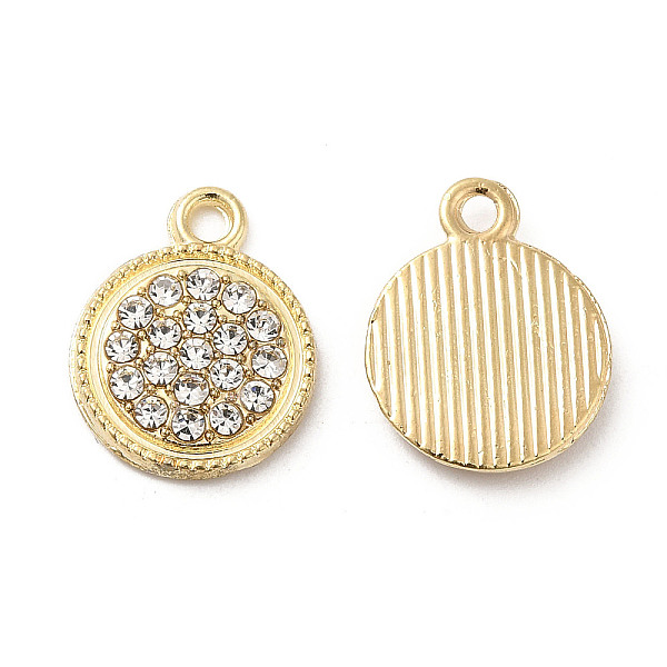 

PandaHall Alloy Pendants, with Crystal Rhinstone, Flat Round Charm, Lead Free & Cadmium Free, Light Gold, 15.5x12.5x2mm, Hole: 1.6mm..., Clear