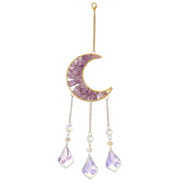 

PandaHall CHGCRAFT Moon Amethyst Cluster Suncatcher Hanging Moon Sun Catcher with Teardrop Glass Prisms for Windows Natural Amethyst Home...