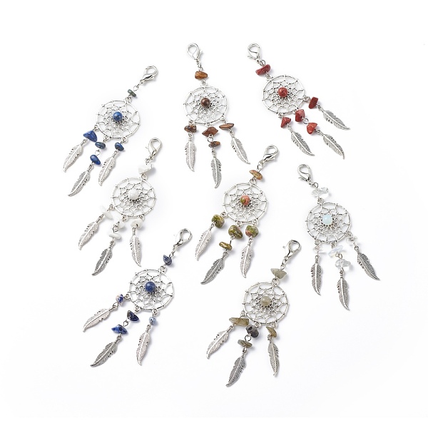 

PandaHall 8Pcs Woven Net/Web with Feather Pendant Decoration, with Gemstone Beads, Lobster Clasp Charms, Clip-on Charms, for Keychain, Purse..., Multicolor
