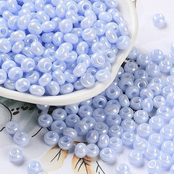 

PandaHall Glass Seed Beads, Opaque Colours Luster, Round, Lavender, 5~5.5x3~3.5mm, Hole: 1.5~1.6mm, about 3488pcs/pound Glass Purple