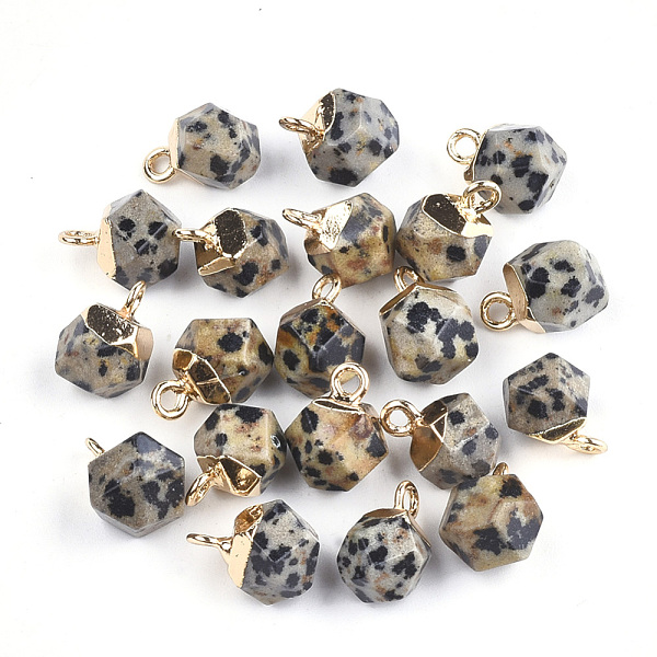 

PandaHall Electroplate Natural Dalmatian Jasper Star Cut Round Charms, with Iron Findings, Faceted, Golden, 11~12x8x8mm, Hole: 1.5mm...