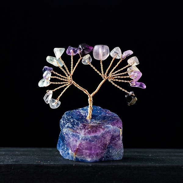 PandaHall Natural Fluorite Chips Tree Decorations, Gemstone Base with Copper Wire Feng Shui Energy Stone Gift for Home Office Desktop...