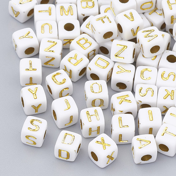 

PandaHall Plated Acrylic Beads, Metal Enlaced, Horizontal Hole, Cube with Alphabet, Golden Plated, 4.5x4.5x4.5mm, Hole: 3mm, about..., White