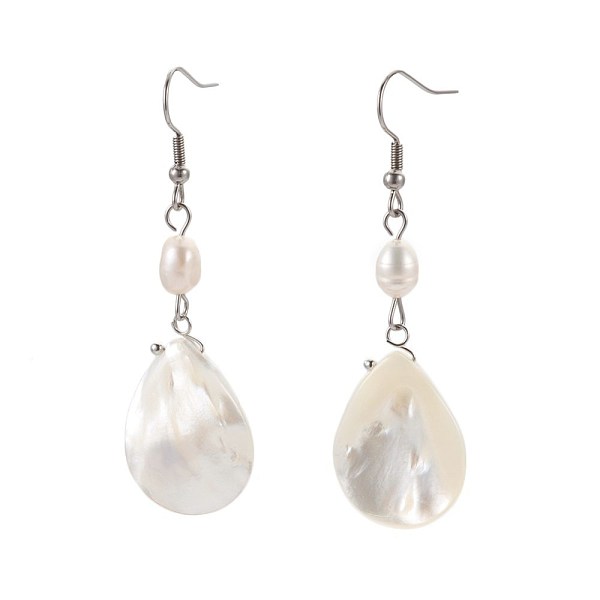 

PandaHall Natural Spiral Shell Beads Dangle Earrings, with Natural Freshwater Pearl, 304 Stainless Steel Earring Hooks, 59~61mm Shell