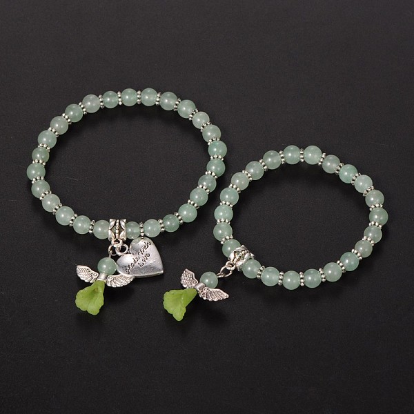 PandaHall Mother daughter Jewelry, Green Aventurine Beaded Acrylic Charm Bracelets, with Tibetan Style Alloy Beads and Heart Pendants...