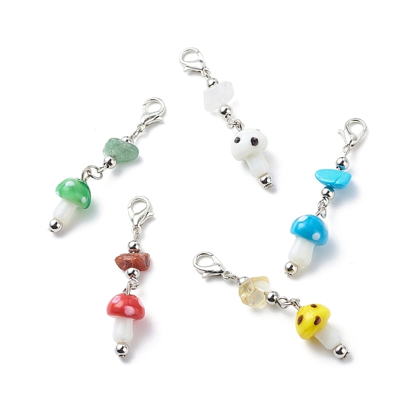 

PandaHall Mushroom Handmade Lampwork Pendant Decorations, with Gemstone Chips and Alloy Lobster Claw Clasps, Mixed Color, 51~53mm Lampwork..., Multicolor