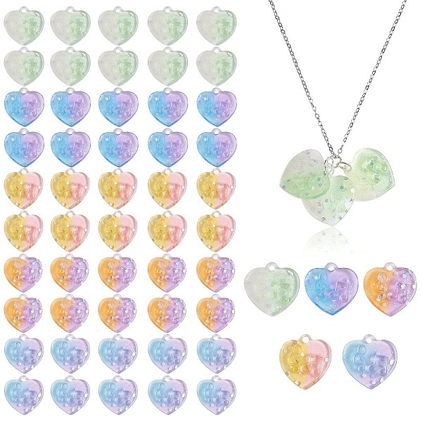 PandaHall 50Pcs 5 Colors Two Tone Transparent Resin Pendants, with Glitter Powder, Heart Charm with Music Note Pattern, Mixed Color...