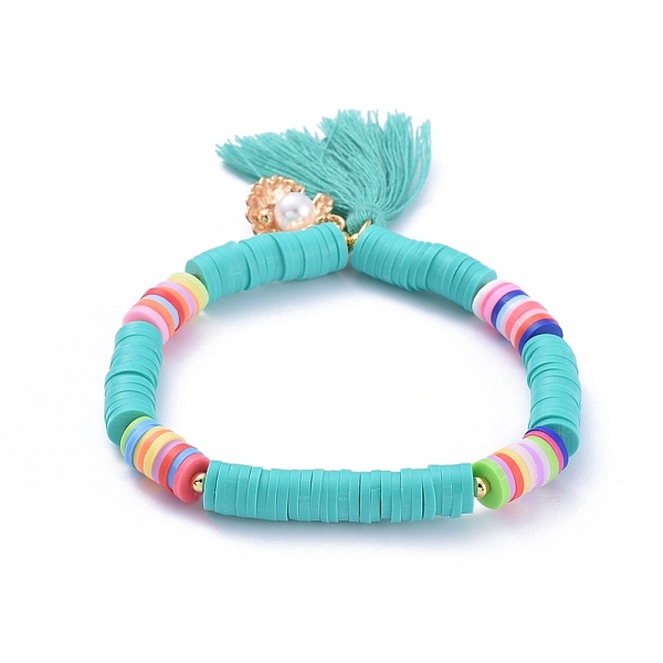 

PandaHall Handmade Polymer Clay Heishi Beads Stretch Bracelets, with Cotton Thread Tassel Pendants and Alloy Charms, Shell with Pearl Shape..., Cyan