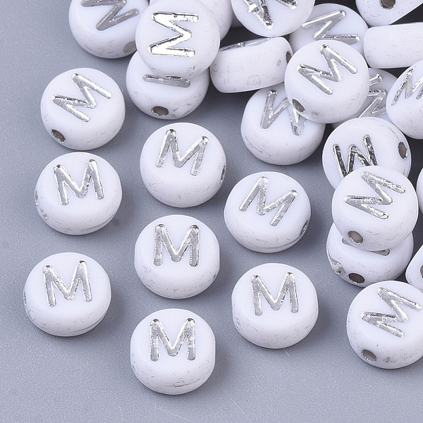 

PandaHall Plating Acrylic Beads, Silver Metal Enlaced, Horizontal Hole, Flat Round with Letter, White, Letter.M, 7x4mm, Hole: 1.2mm, about...