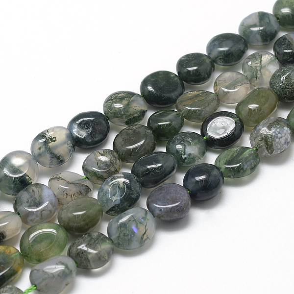 

PandaHall Natural Moss Agate Beads Strands, Oval, 8~15x7~12x4~12mm, Hole: 1mm, about 30~45pcs/strand, 15.7 inch Moss Agate Oval
