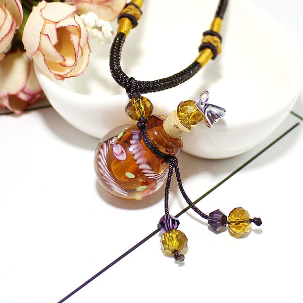 PandaHall Lampwork Round Perfume Bottle Pendant Necklace with Glass Beads, Essential Oil Vial Jewelry for Women, Chocolate, 17.7~25.59 inch...