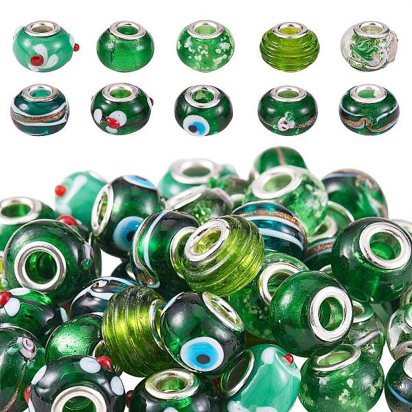 

PandaHall 50Pcs 10 Style Handmade Lampwork European Beads, Large Hole Rondelle Beads, Green, 5pcs/style Lampwork+Brass Core Rondelle Green