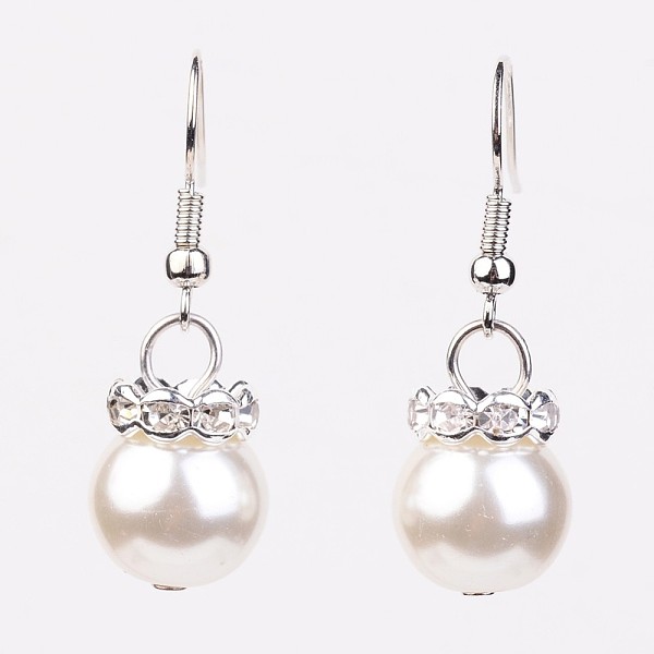 

PandaHall Glass Pearl Beads Dangle Earrings, with Brass Rhinestone Spacer Beads and Brass Earring Hooks, Silver Color Plated, Beige, 35mm..., Yellow