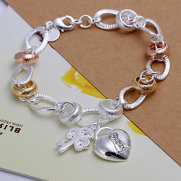 

PandaHall Exquisite Brass Key & Heart Lock Charm Bracelets For Women, with Lobster Clasps, Silver Color Plated, 190x10mm Brass