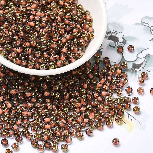 

PandaHall Glass Seed Beads, Half Plated, Inside Colours, Round Hole, Round, Salmon, 4x3mm, Hole: 1.4mm, 5000pcs/pound Glass Red