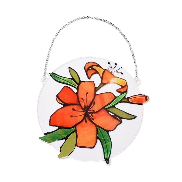 

PandaHall Acrylic Pendant Decorations, Window Hanging Suncatcher, Flat Round with Flower Pattern, Orange Red, 150x2mm Acrylic Flower