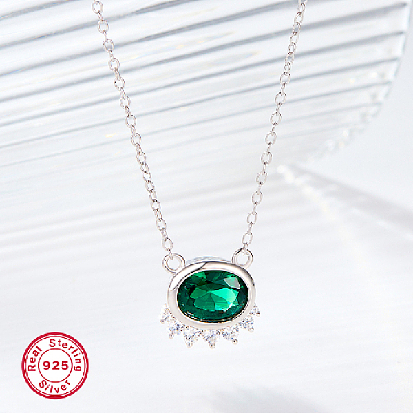 

PandaHall Green Cubic Zirconia Oval Pendant Necklaces, with Rhodium Plated 925 Sterling Silver Chains, Platinum, 15.75 inch(40cm) Sterling...