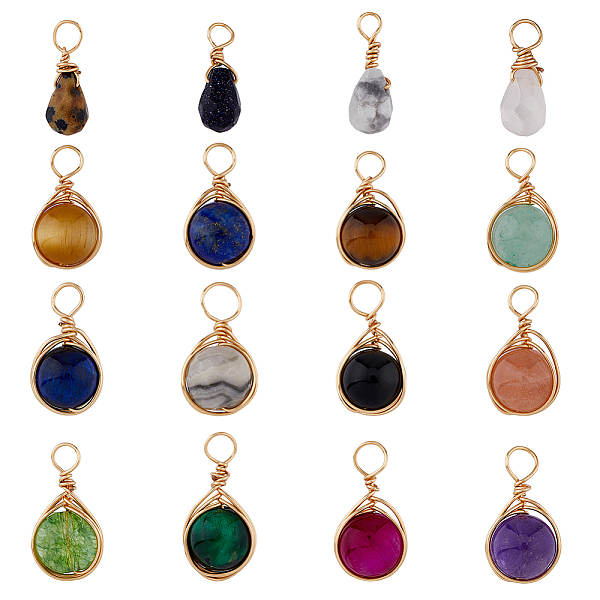 

PandaHall SUPERFINDINGS 16Pcs 16 Styles Mixed Gemstone Pendants, Teardrop & Round Charms, with Real 18K Gold Plated Copper Wire Wrapped...
