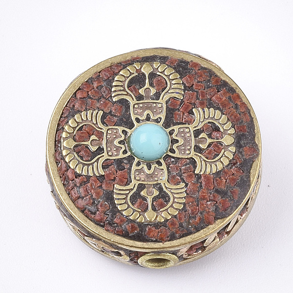

PandaHall Handmade Indonesia Beads, with Brass Findings, Flat Round, Golden, Indian Red, 22x21x11mm, Hole: 2mm Polymer Clay Flat Round Red
