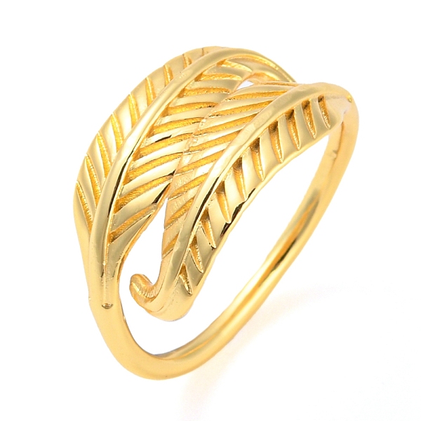 

PandaHall Rack Plating Brass Cuff Rings, Feather, Cadmium Free & Lead Free, Real 18K Gold Plated, Inner Diameter: 15.8mm Brass Feather