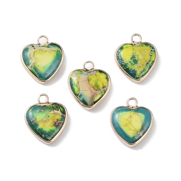 

PandaHall Dyed Synthetic Imperial Jasper Pendants, Brass Heart Charms, Golden, Yellow Green, 19x16x4.5~5.5mm, Hole: 2.7mm Imperial Jasper...