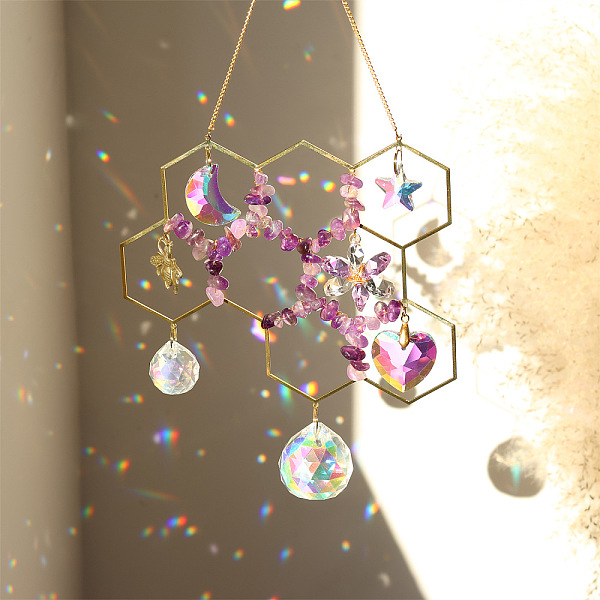 

PandaHall Natural Amethyst Chip Pendant Decoration, Honeycomb Hanging Sun Catchers, Home Decoration, with Brass Finding and Glass Round...