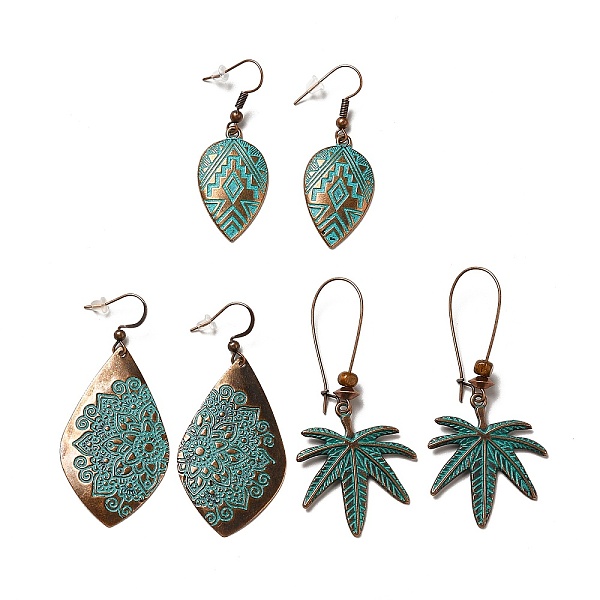 

PandaHall 3 Pairs 3 Style Teardrop & Twist Rhombus & Coconut Tree Alloy Dangle Earrings Set, Wood Beaded Long Drop Earrings for Women, Red...