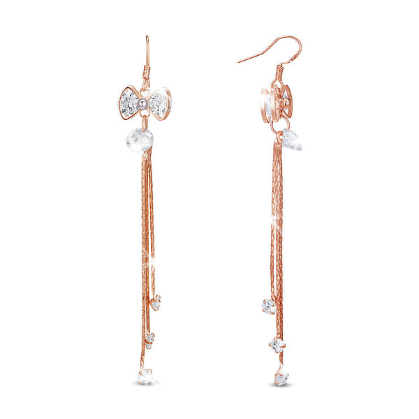 PandaHall SHEGRACE Brass Dangle Earrings, with Grade AAA Cubic Zirconia and Coreana Chains, Bowknot, Rose Gold, 91mm Cubic Zirconia Clear